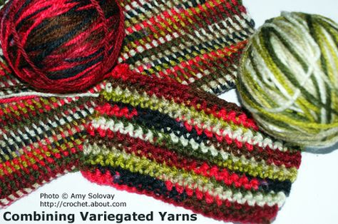 5 Ways to Combine Variegated Yarn: Get Eye-Catching Results By Combining Two or More Variegated Yarns Change Colors In Crochet, Crochet Classes, Tunisian Crochet Stitches, Christmas Yarn, Scarf Yarn, Easy Crochet Projects, Stitching Techniques, Variegated Yarn, Single Crochet Stitch