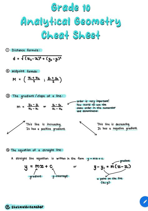 Ce résumé de 2 pages est une collection complète de toutes les formules nécessaires pour le programme CAPS sud-africain au niveau de la 10e année. Cette note a été rédigée par un professeur de mathématiques expérimenté du secondaire, à l'aide d'un iPad, d'un crayon Apple et de GoodNotes. Grade 10 Math Notes Philippines, Geometry Cheat Sheet High Schools, Geometry Math Notes, Grade 11 Math Notes, Grade 10 Math Notes, Grade 9 Math Notes, Grade 10 Notes, Geometry Cheat Sheet, Grade 11 Math