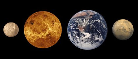 The terrestrial planets of our Solar System at approximately relative sizes. From left, Mercury, Venus, Earth and Mars. Credit: Lunar and Planetary Institute Mercury Planet, Outer Planets, Planetary System, Planetary Science, Closer To The Sun, Plate Tectonics, Our Solar System, Space And Astronomy, Astronomer