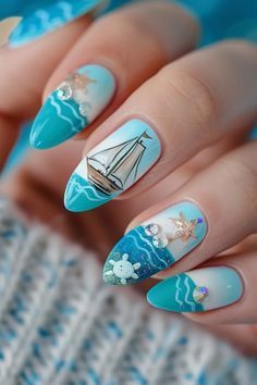 Sailing Nails, Novelty Nails, Nautical Nail Designs, Cruise Nails, Nautical Nails, Tropical Cruise, Designs For Short Nails, Navy Blue Nails, Statement Nail