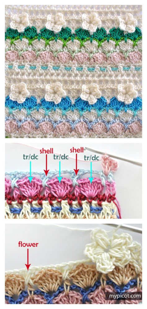 3D Flower Shell Stitch Free Crochet Pattern Crochet 3d Stitch, Crochet Patterns Baby Girl, Crochet Embellishments, Crochet Shell Stitch, Crochet Stitches Free, Shell Stitch, Crochet Patterns Free Blanket, Crochet Stitches Tutorial, Crochet Instructions