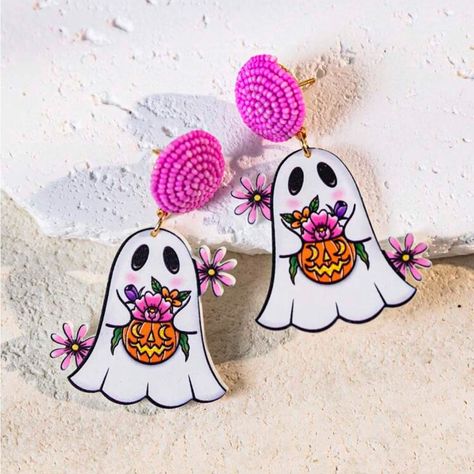 Super Cute And Stylish Ships In 5-10 Business Days Ghost Holding A Pumpkin, Pumpkin Bouquet, Halloween Clothing, Rose Jewelry, A Pumpkin, Halloween Outfits, Funny Cute, Statement Earrings, Pink White