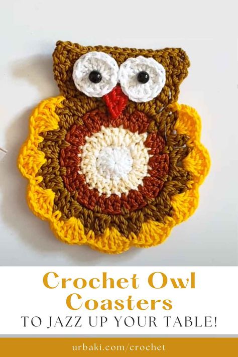 Owl Coasters Crochet Free Pattern, Potholder Patterns Free, Owl Coasters, Owl Crochet Pattern Free, Crochet Coasters Free Pattern, Owl Crochet Patterns, Crochet Hot Pads, Potholder Patterns, Crochet Owl