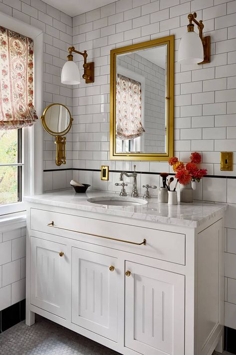 Inset Medicine Cabinet, Katie Rosenfeld, Vintage Style Bathroom, Tudor Home, Light Wooden Floor, Built In Hutch, Tv Built In, Timeless Home, White Subway Tiles