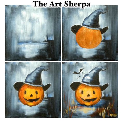 Join me for Sherpaween, where every day from October 1st to 13th at 12 PM, we'll guide you through a new free Halloween art lesson! Today’s feature is this charming pumpkin donning a witch's hat, perfect for getting into the spooky spirit. This easy-to-follow tutorial is great for artists of all levels looking to add some Halloween flair to their collection. Don't miss out on the fun; pin this to your 'Halloween Art Projects' board and follow along with our daily lessons to create your own fe... Halloween Painting Tutorial Step By Step, 13 Days Of Halloween Ideas, Easy Spooky Paintings, Paint A Pumpkin, Halloween Art Lessons, 13 Days Of Halloween, Store Painting, Halloween Canvas Art, Halloween Art Projects