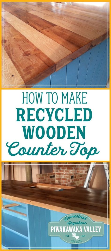 To save money building our house we built a recycled wooden countertop for our kitchen bench. These DIY instructions will show you how to make your own wooden counter. #diy #frugal #reno #kitchen Counter Diy, Money Building, Reno Kitchen, Wooden Countertops, Diy Kitchen Countertops, Diy Organizer, Kitchen Countertop Materials, Kitchen Bench, Wooden Counter