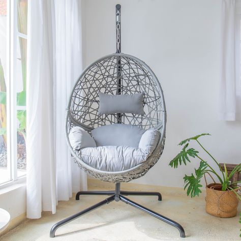 Hanging egg shaped swing seat. Egg shaped seat includes grey or white cushions. Includes full height stand. Durable long lasting galvanised steel base and woven sides. A Mrs Hinch favourite as featured in OK! Magazine and the Daily Mirror GRAZIA, the Sun, country living and more! Outdoor weather resistant, washable cushions included. The item should be brought inside or covered with an egg chair cover throughout the winter and in wet weather. It would be the perfect addition to any outdoor or in Rope Hammock Chair, Mrs Hinch, Garden Hammock, Garden Swing Seat, Swivel Recliner Chairs, Hanging Egg Chair, Power Recliner Chair, Big Sofas, Hammock Chair