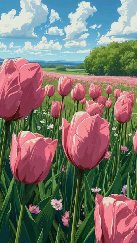 Ghibli Flower Field, Animated Flower Wallpaper, Wallpaper Bi, Nature Art Painting, Arte Fantasy, Dreamy Art, Pretty Wallpapers Backgrounds, Anime Scenery Wallpaper, Cute Wallpaper Backgrounds