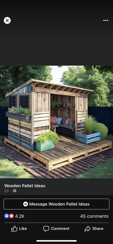 Shed Made Of Pallets, Pallet Farm Projects, Pallet Shed Ideas, Pallet Garden Ideas Diy, Fence Landscaping Border Backyard Ideas, Diy Outdoor Seating, Pallet Shed, Pavers Backyard, Privacy Fence Designs