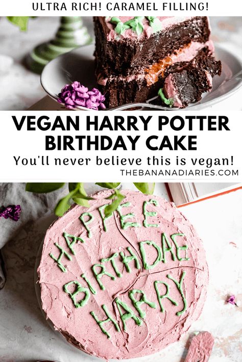 The ultimate vegan Harry Potter Birthday Cake for all witches and wizards! Ultra rich vegan chocolate cake layered with caramel and vegan frosting! #harrypotter #vegan #glutenfree #dairyfree #thebananadiaries Vegan Harry Potter Recipes, Happee Birthdae Harry Cake, Vegan Harry Potter, Birthday Cake Vegan, Harry Potter Snacks, Banana Diaries, Gluten Free Vegan Recipes Desserts, Vegan Dessert Bars, Birthday Recipes