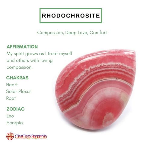 Rhodochrosite Study Affirmations, Crystal Grimoire, Crystals And Meanings, Crystal Identification, Feng Shui Guide, Rhodochrosite Crystal, Stone Meanings, Crystals Meanings, Leo And Scorpio