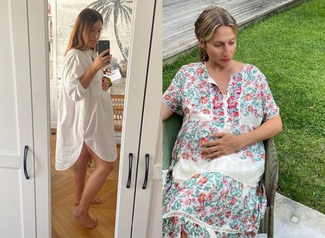 The French Woman’s Guide to Maternity Dressing | Vogue French Mom Style, Vintage Maternity Clothes, Maternity Fits, Postpartum Style, Maternity Silhouette, Summer Pregnancy Outfits, Cool Mom Style, Postpartum Fashion, Summer Maternity Fashion