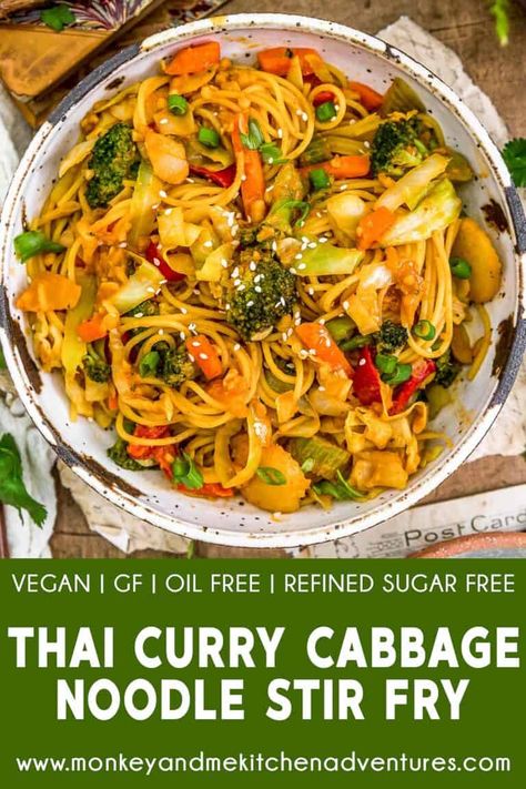 Healthy, satisfying, and nourishing, this bold, oil-free Thai Curry Cabbage Noodle Stir Fry is noodle heaven with a delicious twist. #wholefoodplantbased #vegan #oilfree #glutenfree #plantbased | monkeyandmekitchenadventures.com Curry Cabbage, Monkey And Me Kitchen Adventures, Monkey And Me, Cabbage And Noodles, Noodle Stir Fry, Cabbage Stir Fry, Plant Based Dinner, Broccoli Stir Fry, Vegan Curry