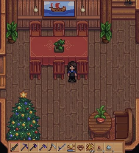 fancy dining area decorated for holidays in stardew !! Stardew Valley, Dining Area, Dining Room, Holidays