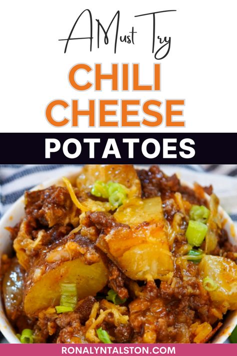 Chili cheese potatoes are the perfect recipe if you have any leftover chili! If you don’t that’s fine. Let’s make some! #potatoes #chili Chili Cheese Baked Potato Casserole, Chili Potato Casserole, Leftover Chili Recipes Casseroles, Recipes With Hormel Chili, Chili And Potatoes, Ideas For Leftover Chili, Leftover Chili Ideas What To Do With, Leftover Chilli Ideas, Chili Recipe With Potatoes