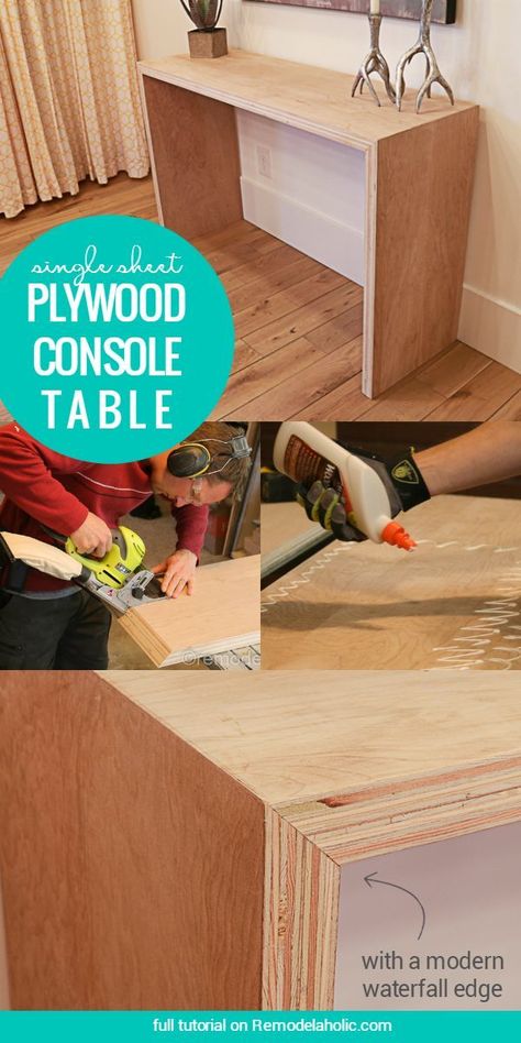 DIY Single Sheet Stacked Plywood Console Table With Modern Waterfall Edge | Free tutorial and building plan #plywoodpretty Homemade Sofa, Plywood Diy, Modern Waterfall, Diy Waterfall, Diy Console, Plywood Table, Diy Kitchen Table, Plywood Projects, Diy Console Table