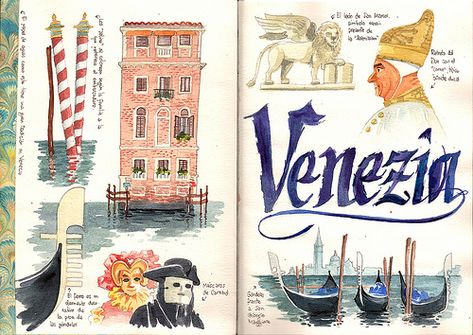 Travel Journal Pages, Travel Journal Scrapbook, Travel Art Journal, Travel Sketchbook, Diary Journal, Venice Travel, Travel Sketches, Art Hobbies, Watercolor Sketchbook