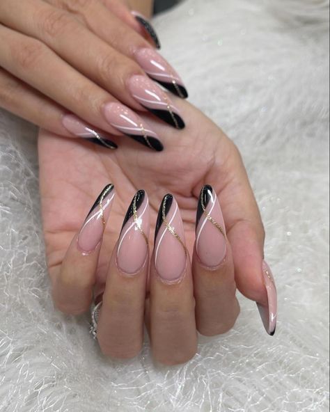 Matte Black Nails With Gold Lines, Black White Almond Nails Designs, Black Nails Ideas Almond Shape, Black And White French Nails Almond, White And Black Nails Almond, Black Nude Gold Nails, Black White Gold Nails Design, Black Wedding Nails Classy, Black Nails With White French Tip