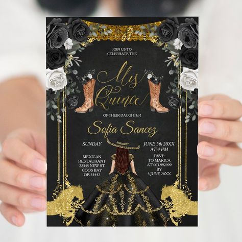 Mexican Girl Charra Mis Quince Black Invitation - tap to personalize and get yours  #mis #quince #invitation, #princess #quinceanera Black Quince Theme, Charro Invitations, Sweet 15 Invitations, Black Quince, Invitations Quinceanera, Charro Quinceanera Dresses, Quince Invitations, Sweet Sixteen Invitations, Quinceanera Themes