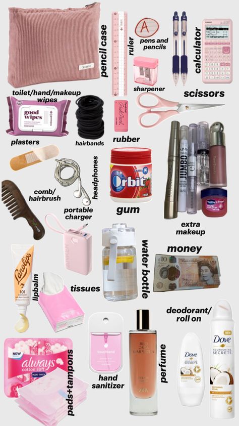 everything you need 🩷 Middle School Essentials, Studie Hacks, School Emergency Kit, School Backpack Essentials, Preppy School Supplies, Everyday Bag Essentials, College Supplies, Hand Makeup, School Bag Essentials