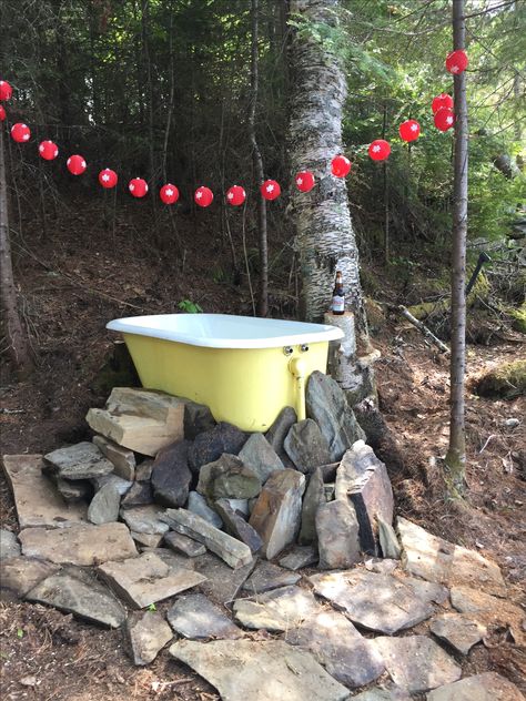 Camp cast iron bathtub propane Outdoor Bathtubs, Diy Hot Tub, Outdoor Bathtub, Outdoor Bathroom Design, Cast Iron Bathtub, Outdoor Tub, Outdoor Showers, Outdoor Baths, Cast Iron Tub