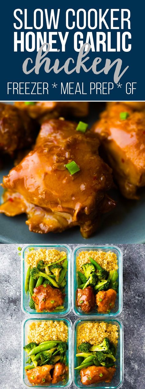 Sticky slow cooker honey garlic chicken thighs are simple to throw together and have a deliciously sticky sweet and savory sauce that is perfect for spooning over rice and vegetables. Perfect as a weeknight dinner or meal prep recipe. Crock pot honey garlic chicken, paleo honey garlic chicken, gluten-free honey garlic chicken, meal prep honey garlic chicken #sweetpeasandsaffron #mealprep #slowcooker #freezerslowcooker #crockpot #freezermeal #chicken #dinner #lunch Slow Cooker Honey Garlic Chicken, Baked Honey Garlic Chicken, Baking Chicken, Garlic Chicken Thighs, Honey Garlic Chicken Thighs, Chicken Freezer Meals, Freezer Meal Prep, Chicken Meal Prep, Freezer Meal