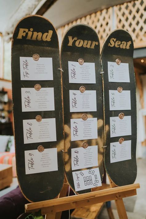 Rustic DIY Wedding at Eco-Friendly Wedding Venue in Wales with skateboard wedding table plan signage Skateboard Wedding, Seating Chart Sign Wedding, Wedding Sign Ideas, Seating Chart Sign, Signage Wedding, Diy Wedding Inspiration, Wedding Signs Diy, Grace Elizabeth, Wedding Table Plan