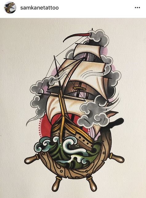 Bon voyage Traditional Ship Tattoo, Old School Ink, Boat Tattoo, Sailor Tattoos, Pirate Tattoo, Sea Tattoo, Kunst Tattoos, Tattoo Zeichnungen, Nautical Tattoo