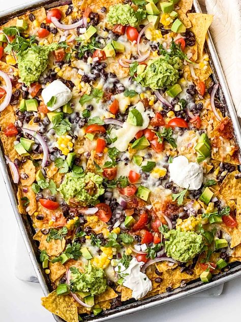 Vegetarian Sheet Pan Nachos - Feast with Safiya Eggplant Bake, Vegetarian Sheet Pan, Sheet Pan Nachos, May Recipes, Pan Nachos, Nacho Toppings, Vegetarian Nachos, Appetizer Board, Beef Fajitas