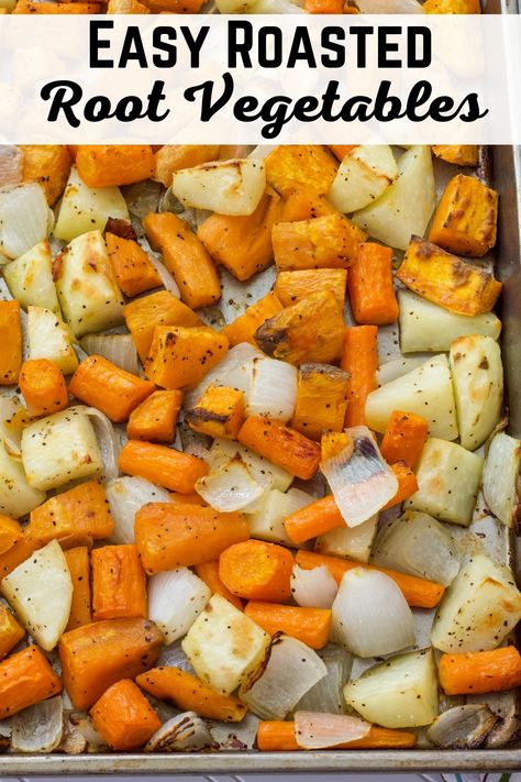 Easy Oven Roasted Root Vegetables Recipe features Russet potatoes, sweet potatoes, carrots and onion. It is an easy and healthy side dish. Roasted Sweet And White Potatoes In Oven, Roasted White And Sweet Potatoes, Oven Roasted Russet Potatoes Easy, Sweet Potato And Onion, Oven Roasted Root Vegetables, Carrots In Oven, Oven Baked Chicken Tenders, Easy Roasted Vegetables, Oven Roasted Sweet Potatoes