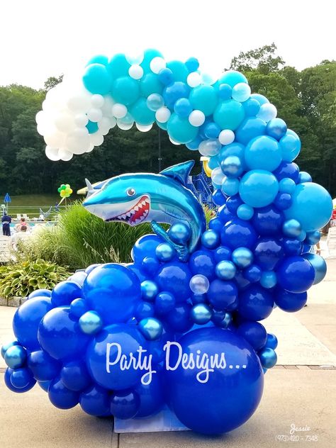 Organic Balloon Wave with Smiling Shark! Pool Party Decorations! Balloon Decor PARTY DESIGNS... Jessie Hatem Event Decorator (973)420-7348 Wave Decorations Party, Wave Balloon Garland, Shark Balloon Decoration, Beach Balloon Garland, Wave Balloon Arch, Wave Balloons, Shark Balloon Garland, Balloon Wave, Pool Party Design