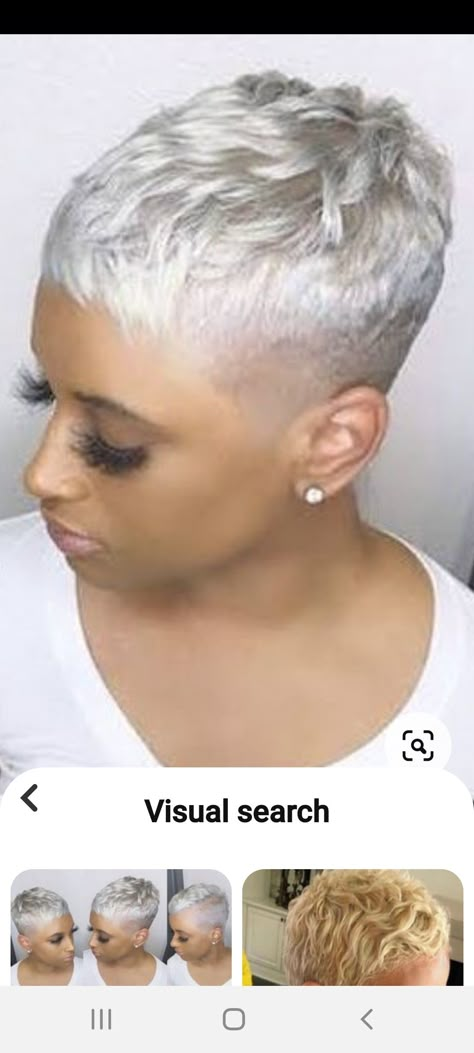 Platinum Hairstyles For Black Women, Natural Short Blonde Hair Black Women, Razor Haircuts For Women Short, Short Gray Pixie Haircuts Over 50, Grey Pixie Haircut Black Women, Platinum Silver Hair Black Woman, Barber Cuts For Women, Platinum Blonde Hair Short Pixie Over 50, Grey Pixie Haircut Older Women