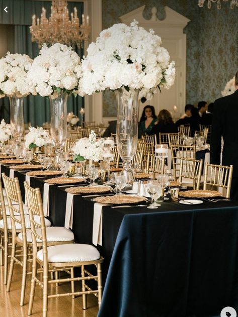 Champagne And Navy Blue Wedding Decor, Navy Blue Black And White Wedding, Navy Blue And Champagne Wedding Centerpieces, White Gold And Black Wedding Decor, White Gold And Navy Blue Wedding, Gold Blue Wedding Theme, Black Gold And Blue Wedding, Black Gold Ivory Wedding Decor, Black White And Navy Wedding