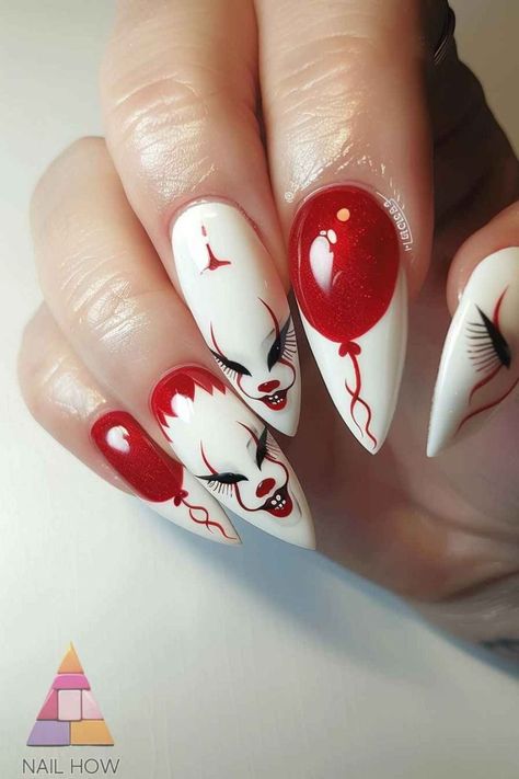 Clown Nail Art Halloween, It Nail Designs, Clown Nails Halloween, Halloween Nails Clown, Scary Clown Nails, Halloween Nails Ideas Short, Halloween Clown Nails, Halloween Scary Nails, It Halloween Nails