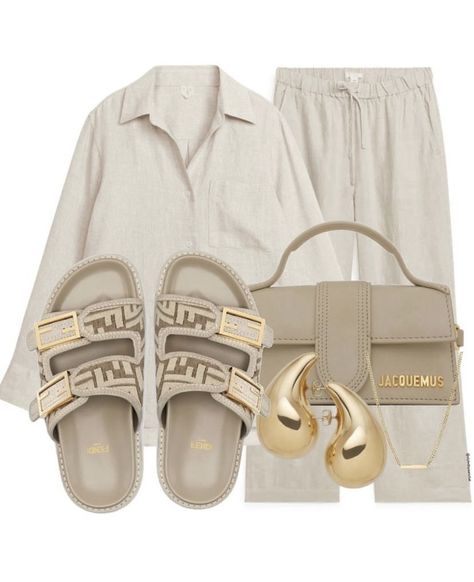 Linen Set Outfit, Hm Outfits, Fendi Sandals, Outfit For Summer, Monochromatic Outfit, فستان سهرة, Linen Set, Neutral Fashion, Cute Simple Outfits