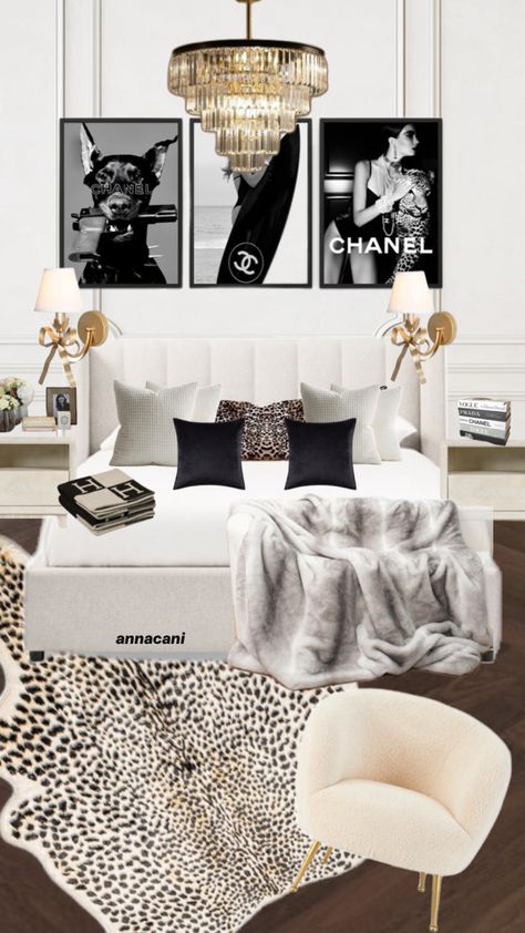 New York City Room Aesthetic, Vintage Black And White Bedroom, Black And White Bedroom Inspirations, Cool Girl Bedroom Ideas Nyc, Luxury Chic Bedroom, Girly Black And White Bedroom, High Fashion Room Aesthetic, Chanel Aesthetic Room Decor, Channel Room Aesthetic