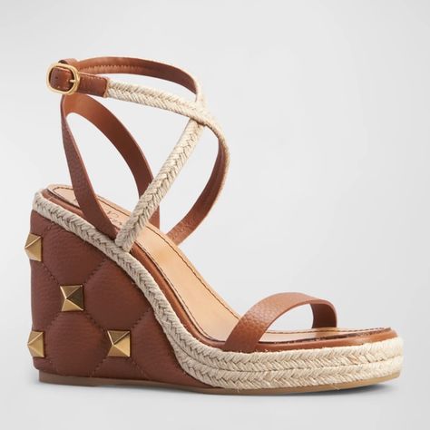 3.75 In / 95 Mm Braided-Jute Wedge Heel Open Toe Crisscross Vamp Adjustable Ankle Strap Lining: Leather Rubber Sole Made In Italy Color: Selleria Size 40 $1150 Valentino Wedges, Pink Wedge Sandals, Lace Wedges, Pink Wedges, Brown Leather Wedges, Valentino Garavani Shoes, Braided Sandals, Wedge Espadrilles, Bow Sandals