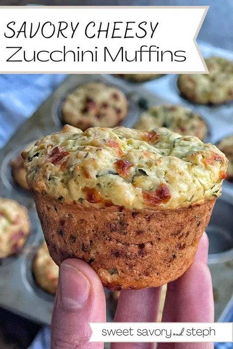 Breakfast, side dish, snack, lunch? Whatever the meal time, these savory cheesy zucchini muffins are the answer.  Grated zucchini is mixed into a muffin batter with flour, seasonings, egg, and mozzarella cheese, and then baked until golden brown. Light, airy, delicate in flavor, these savory muffins are delicious and healthy.  Add these to your meal plan when you're looking for a fun way to get those veggies in. Savory Zucchini Muffins, Savory Breakfast Muffins, Savory Cupcakes, Zucchini Breakfast, Savory Muffins Recipes, Zucchini Cheese, Grated Zucchini, Snack Lunch, Cheesy Zucchini