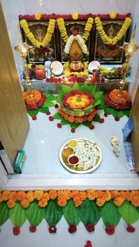 Pooja Room Door Design Indian, Laxmi Pooja Decoration At Home, Laxmi Puja Decoration At Home, Door Design Indian, Pooja Room Door, Leaf Decor Wedding, Kalash Decoration, Lakshmi Pooja, Mandir Decoration