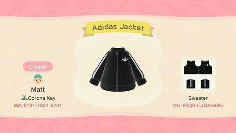 270 Likes, 1 Comments - haylee 🌈 (@newhorizonscustoms) on Instagram: “"adidas jacket" by matt from corona key. (@mattsabinart on instagram)⠀ ⠀⠀⠀⠀⠀⠀⠀⠀⠀⠀ 🌱 creator code:…” Animal Crossing Qr Codes Clothes, Qr Codes Animal Crossing, Animal Crossing Characters, New Animal Crossing, Animal Crossing Game, Animal Crossing Qr, Adidas Hoodie, Twitter Search, Pet Clothes