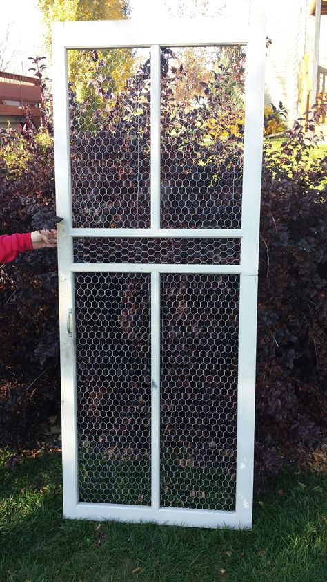 Chicken wire screen door Chicken Wire Door Frame, Painted Chicken Wire, Chicken Wire Door, Cottage House Decor, Insect Screen Door, Chicken Wire Fence, Recycled Window, Kitchen Carts, Sliding Screen Doors