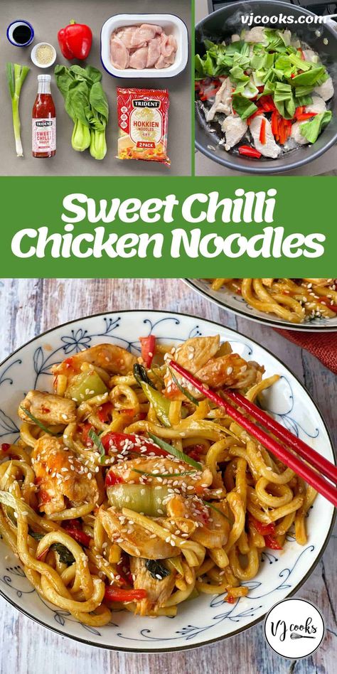 A super easy mid-week meal of Sweet Chilli and Chicken Noodles that the whole family can enjoy. Affordable chicken breast stir fried with boy choy and capsicum, mixed with store-bought Hokkien noodles cooked in sweet chilli sauce and topped with spring onion and sesame seeds. The sweet flavours are loved by kids. Add a little more spice to adult portions if you prefer. #vjcooks #winnerwinnerchickendinner #chickenandnoodles Sweet Chilli Chicken Noodles, Chicken Hokkien Noodles, Noodle Stirfry Chicken, Chilli Chicken Noodles, Hokkien Noodles, Vj Cooks, Asian Egg Noodle Recipes, Sweet Chilli Chicken Recipe, Hokkien Noodles Recipe