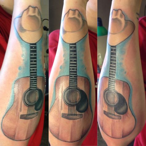 This was a in memory tattoo for the clients dad. The photo was her dads guitar and cowboy hat. That she had put on her to honor him Grave Tattoo, Guitar Tattoos, Acoustic Guitar Tattoo, Cowboy Hat Tattoo, Hat Tattoo, Dad Tattoo, Soul Tattoo, Faith Tattoo, Guitar Tattoo