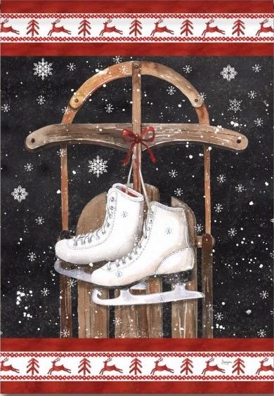 Ice Skates Painting, Ice Skating Painting, Painted Ice Skates, Ice Skating Images, Ice Skate Drawing, Vintage Ice Skating, Christmas Ice Skates, Woodcut Art, Watercolor Christmas Cards