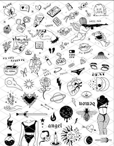 Tattoo Sheets, Sharpie Tattoos, Flash Tattoo Designs, Tattoo Flash Sheet, Spooky Tattoos, Cute Tiny Tattoos, Tattoo Stencil Outline, Small Hand Tattoos, Tattoo Style Drawings