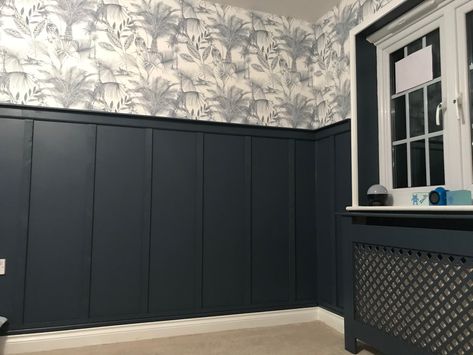 Panelled Walls Wallpaper, Panelled Wallpaper, Navy Half Wall Panelling, Navy Panelled Wall, Panelled Walls With Wallpaper, Dark Blue Wall Panelling, Blue Wall Panelling Nursery, Wallpaper Above Panelling, Navy Blue Panel Wallpaper