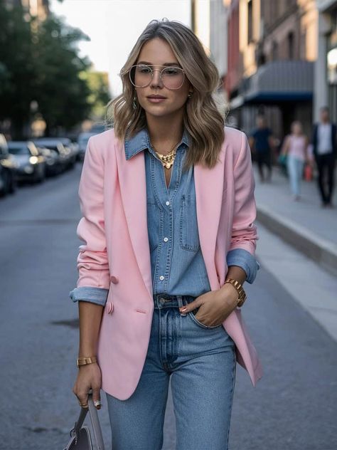 15 Pink Blazer Outfit Ideas That'll Make You Blush (With Envy!) 13 Rose Gold Casual Outfit, Wearing Pink In The Fall, Pink Plaid Blazer Outfit, Casual Pink Blazer Outfits, Pink Shirt Outfit Work, Blazer Pink Look, Pink Shirt Outfit For Women, Light Pink Blazer Outfit Work, Peach Blazer Outfits For Women