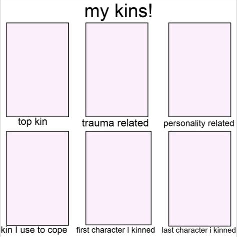 I love seing who diffrent people kin, so if you could tag me if you make a version of this, that would be amazing ^////^ Kins Template, Kin List Template, Funny Charts, Blank Memes, Character Sheet Template, Bingo Template, Kin List, Character Template, Facebook Templates