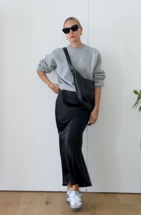 City Shopping Outfit, Slip Skirt And Sneakers, Black Satin Slip Skirt Outfit, Black Straight Skirt Outfit, Silk Skirt With Sneakers, Slip Skirt Work Outfit, Long Skirt And Sneakers Outfit, Black Silk Midi Skirt Outfit, Silk Black Skirt Outfit