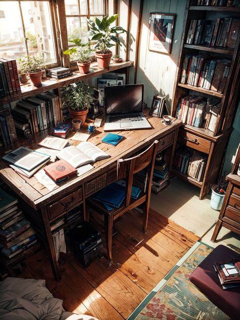 Writer Room Decor, Old Study Room, Desk Extension, Writing Nook, Cluttered Desk, Studying At Home, Desk Reference, Cozy Study, Writing Room